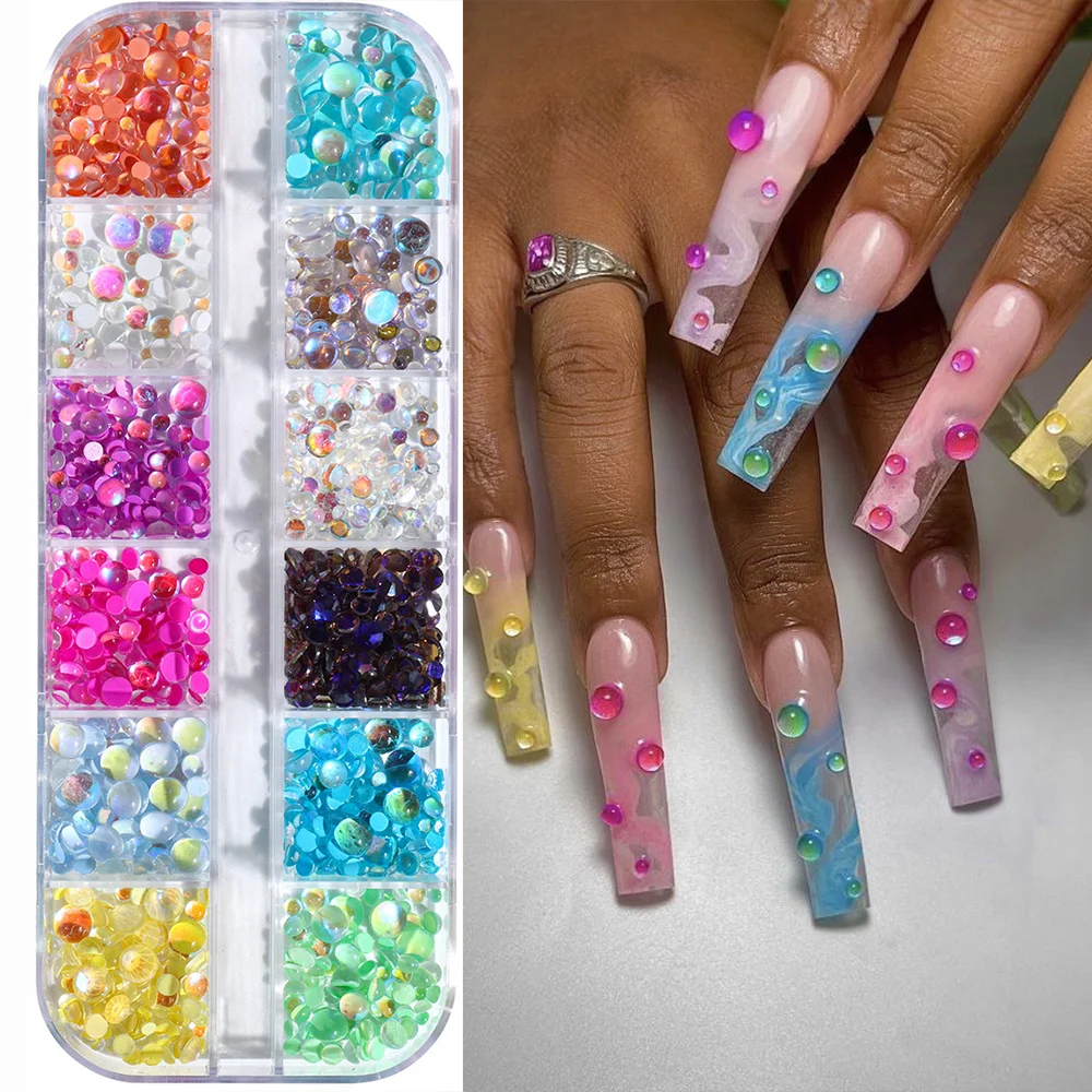 6/12Grids 3D Mermaid Beads Nail Charms Multi-Sizes Half Round Macaron Bubble Bead Nail Art Rhinestones DIY Manicure Decorations