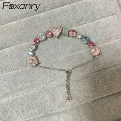 Foxanry Multicolor Zircon Love Heart Bracelet For Women Girls New Fashion Sweet Exquisite Temperament Anniversary Jewelry Gifts