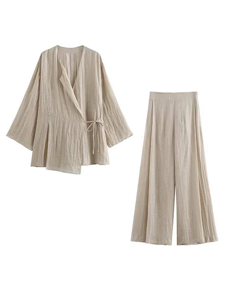 

Пижамный стиль с широкими штанинами и длинными брюками, женские комплекты из 2 предметов, повседневный топ на шнуровке с v-образным вырезом, новое модное кимоно, женский костюм, свободный наряд