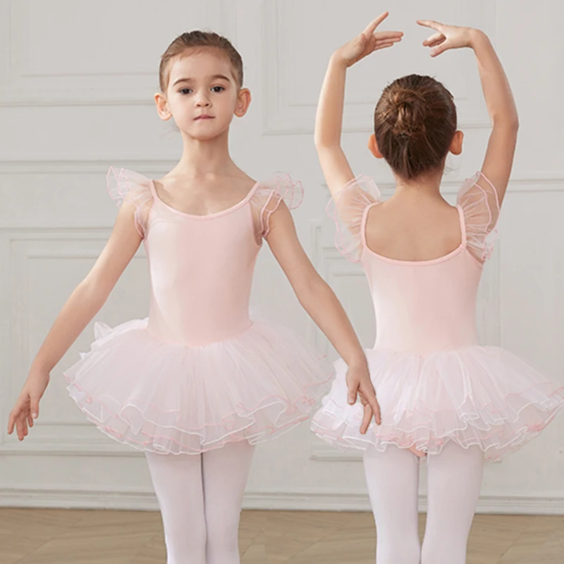 Girls Ballet Skirt Ballet Tutu Dress For Kids Dance Leotards With Skirt Gymnastics Dancewear Balleriana Clothes Short Sleeves