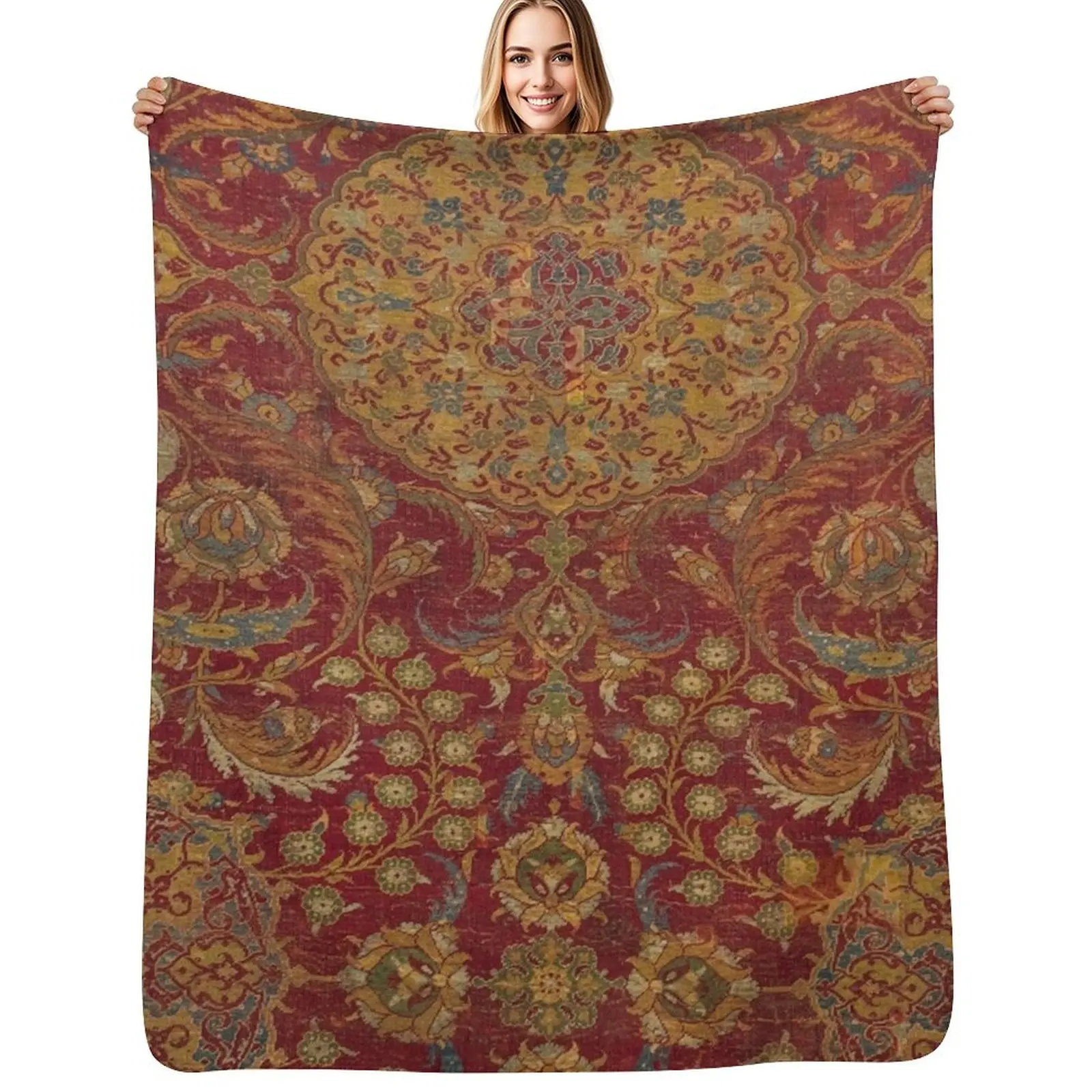 Boho Funky III // 16th Century Distressed Red Green Blue Flowery Colorful Ornate Rug Pattern Throw Blanket Bed Blankets