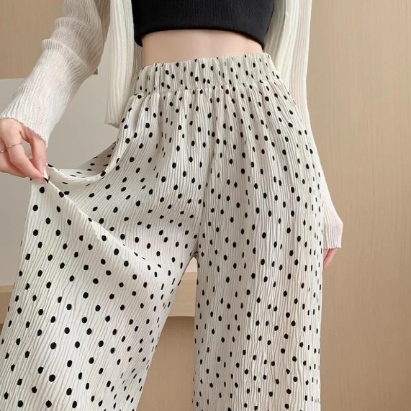 Polka Dot Pleated Wide-leg Pants Female  Summer Thin High Waist Vertical Slacks Loose Ice Silk Mopping Pants Streetwear Women