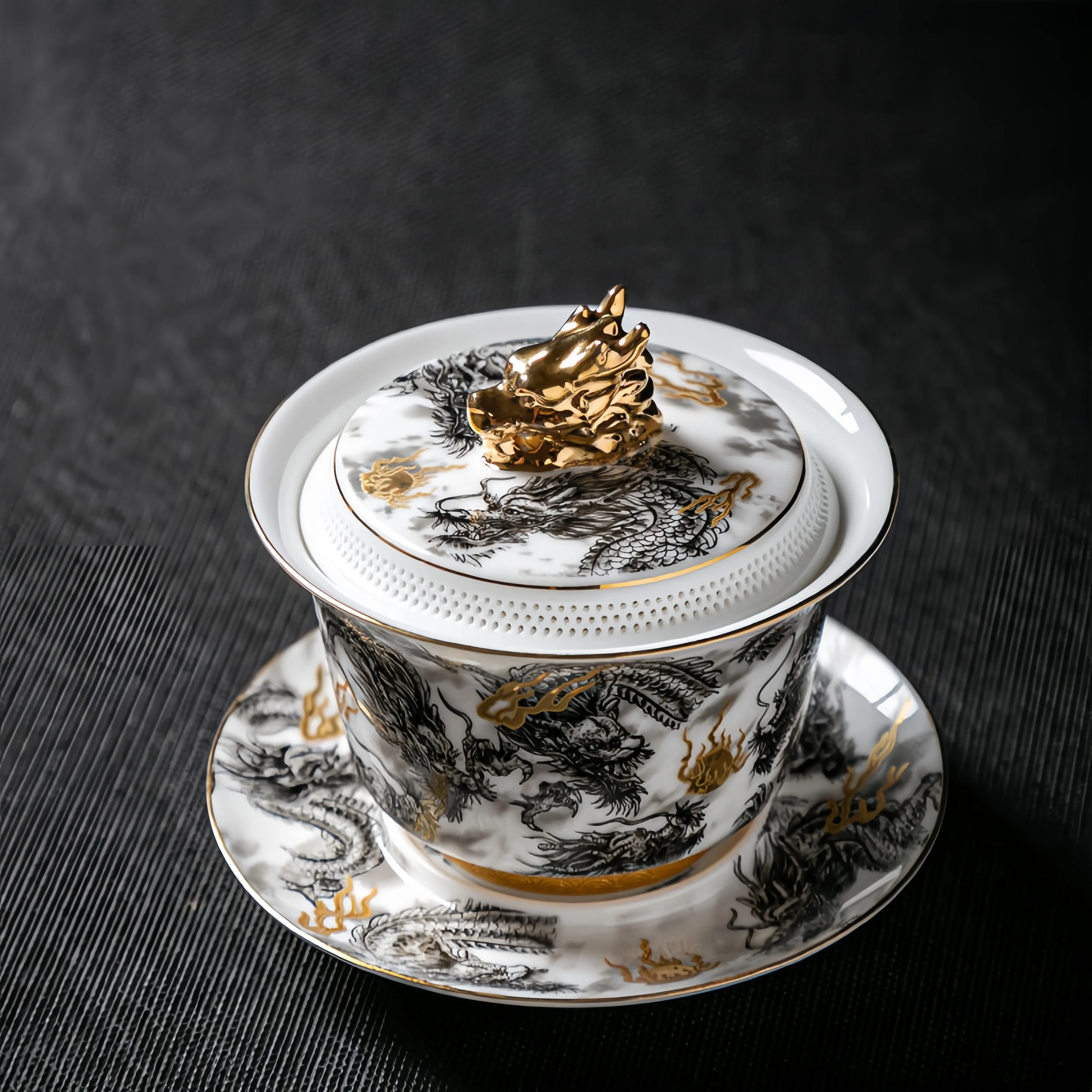 Chinese Dark Dragon White Sheep Fat Jade Porcelain Gaiwan 360° Water Outlet Gold Painted High-end Retro Tea Bowl