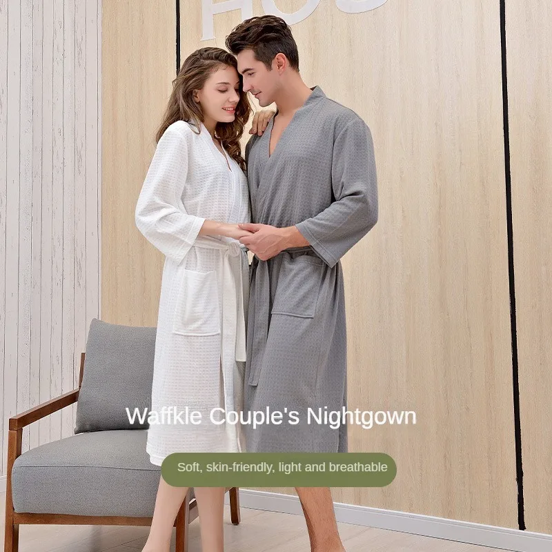 

Waffle nightgown women's high-end couple pajamas long nightgown men's thin sweat-steamed bathrobe women