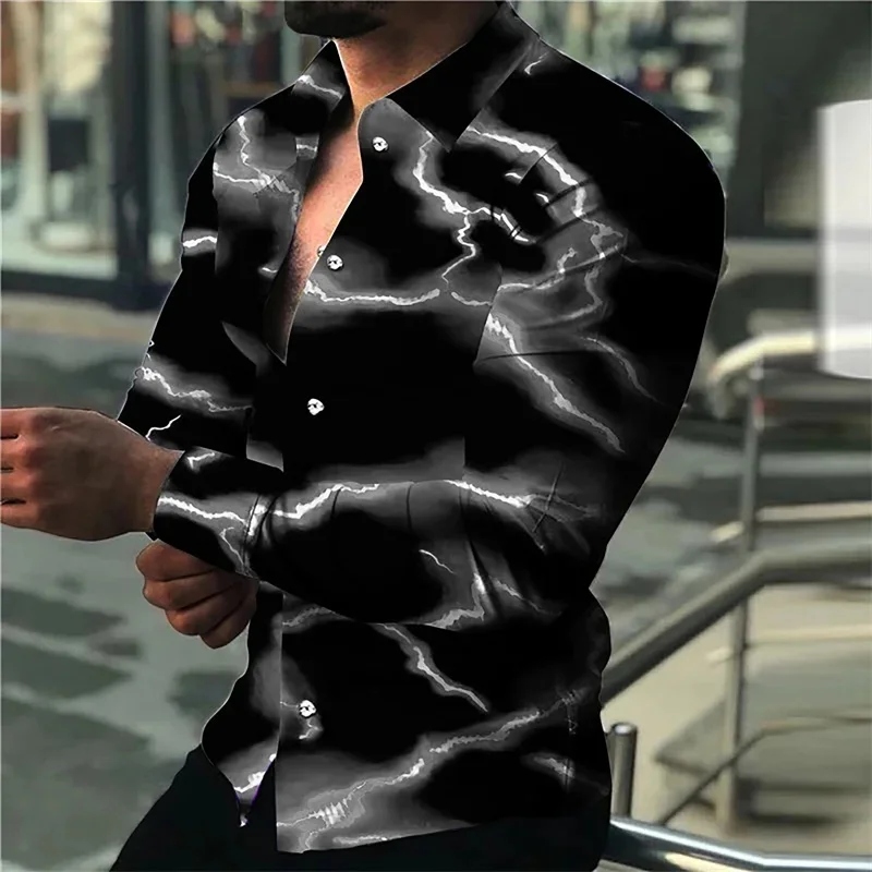 Men's Long-Sleeved Shirt with Trendy Purple Lightning Flash Print Design, Stylish and Casual Open-Front Top,