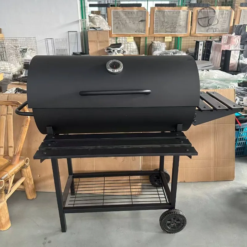 Wagon Cart Charcoal Grill with Lid High Quality BBQ with Wooden Side Front Table for Outdoor Party