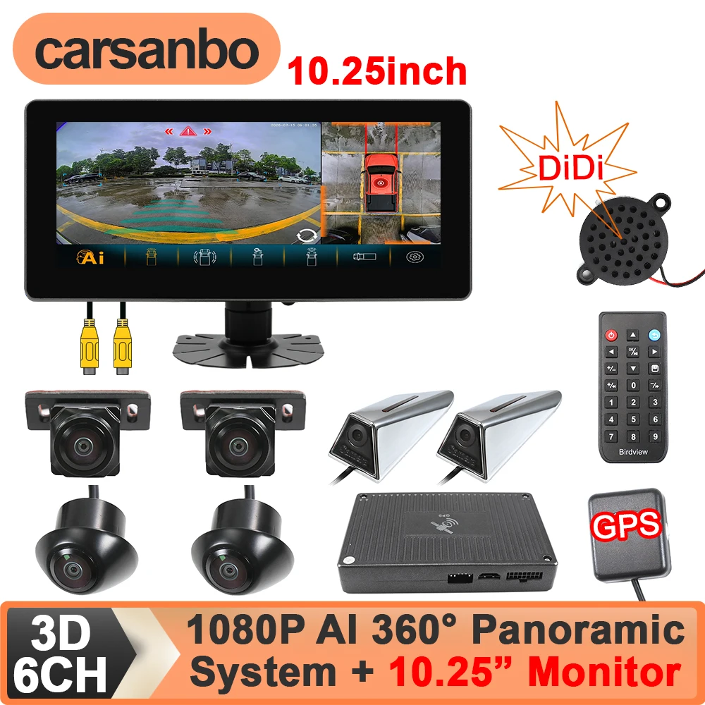 Carsanbo 1080P 3D AI 360 °   Panoramasystem für Autos mit 6-Richtungs-Rundumsichtkameras, DVR, GPS, Geschwindigkeitserkennung, Summer und 10,25" Touch-Monitor