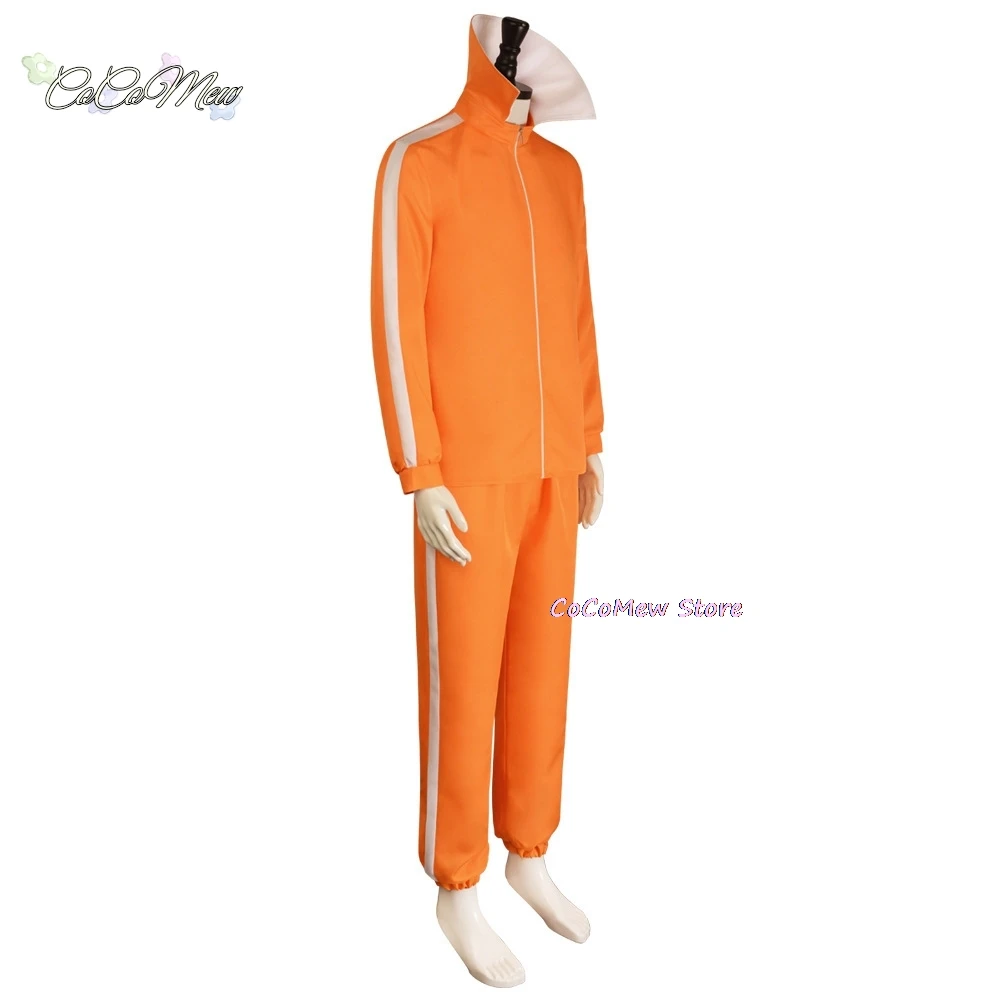 オレンジ色のジャケットとパンツのコスプレ衣装セット,映画のベクトル,ハロウィーンのファンシースーツ,パーティーの衣装,コート,キノコの形,かつら,メガネ