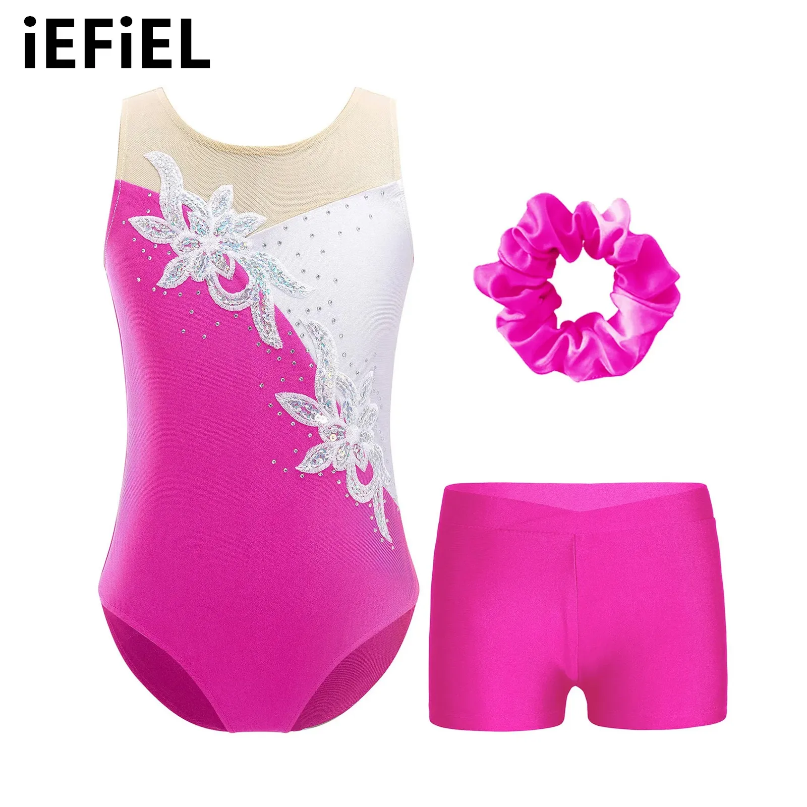 

Kids Ballet Leotard Girls Gymnastic Set Glittery Sequins Rhinestones Patchwork Leotard with Waistband Shorts Hair Band for Dance