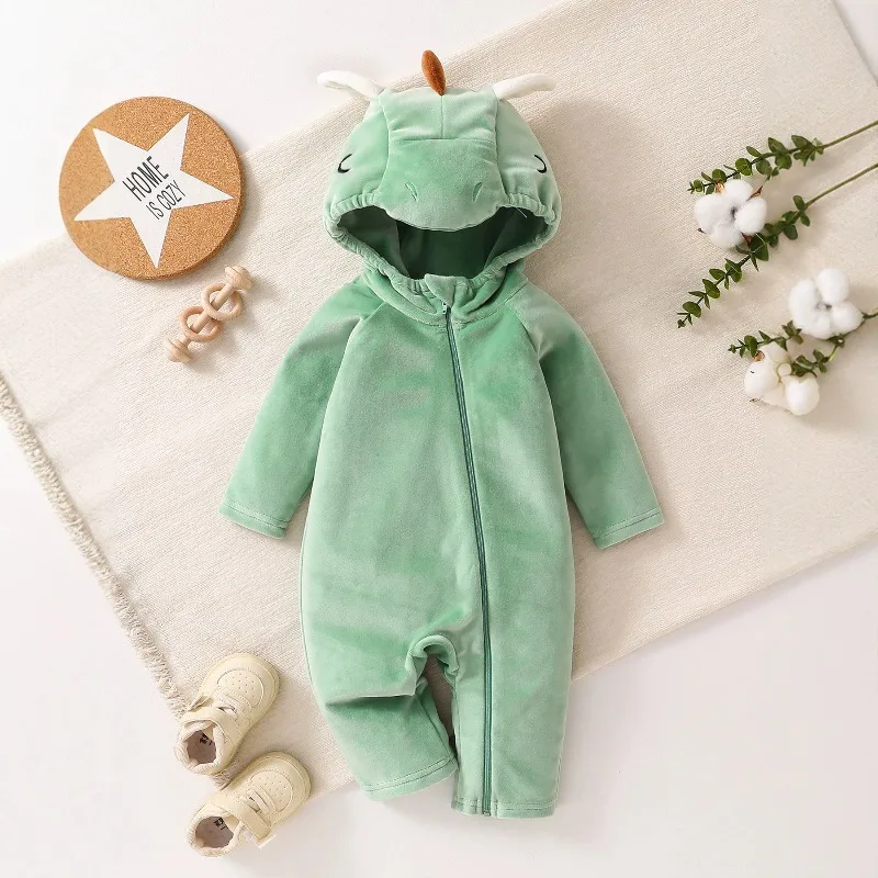 Cute Newborn Green Dragon Romper Hooded Fluffy Winter Warm Bodysuit Infant Toddler One-Piece Jumpsuit Animal Outfit Clothes
