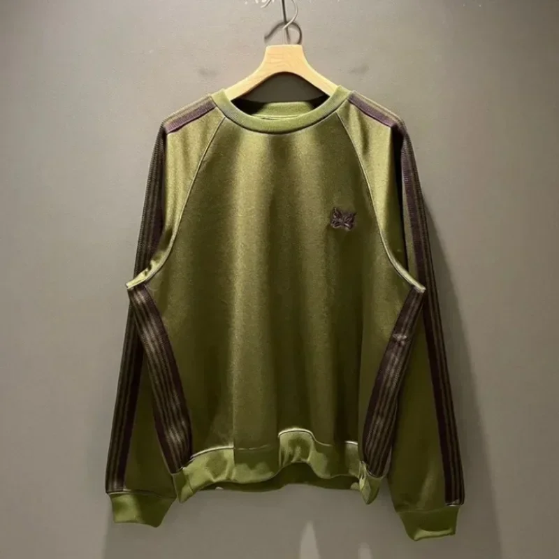 

25ss Butterfly Embroidery Sweatshirts Men Women 1:1 High Quality Striped Olive Green Crewneck Casual Pullovers Inside Tags