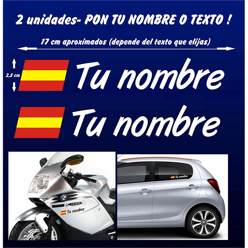 X2 PEGATINAS Bandera de España + Nombre - PERSONALIZABLE - MOTO Y COCHE - VINILO Personalizable con Cualquier Bandera y Texto