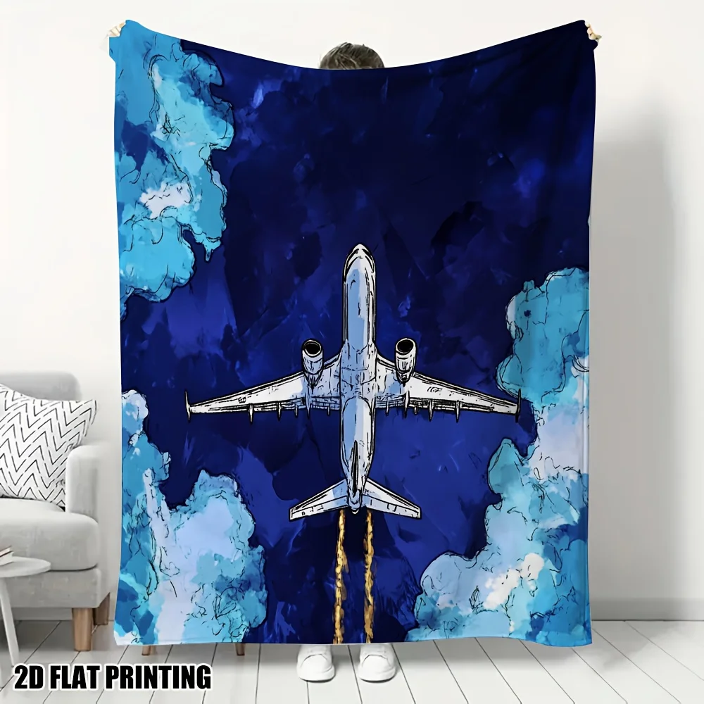 Deep Blue Airplane Sky Cloud Throw Blanket Cozy Fleece Sofa Bed Decor Modern Aviation Jet Art Gift for Living Room Home Decor