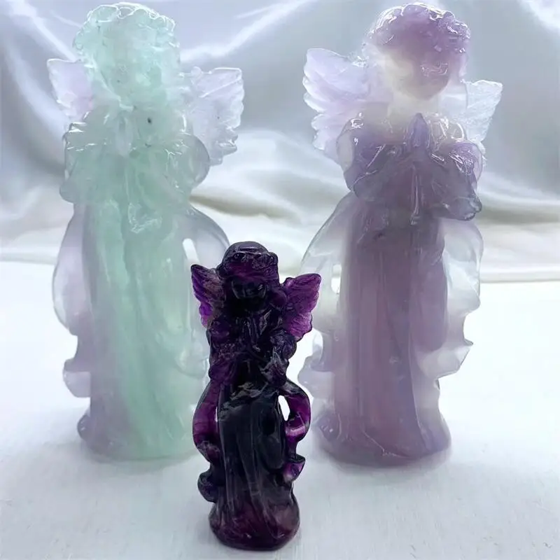 

15CM Natural Macaron Fluorite Angel Carving Stones Healing Reiki Home Decoration Accessories Room Decor 1PCS