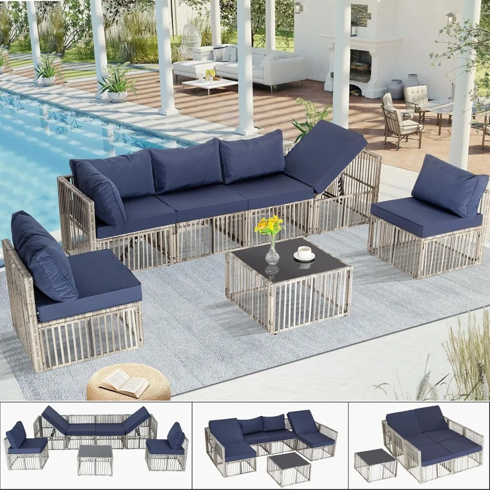 7 Pieces Outdoor Patio Furniture Set, Wicker Outdoor Sectional Conversation Couch Set with Adjustable Backrest Sofa, Blue Cushio