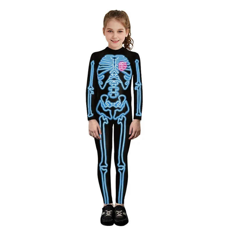 Halloween Cosplay Costume Funny Neon Skeleton Printed Jumpsuit Performance Theme Party Role Playing Outfits for Boys Girls