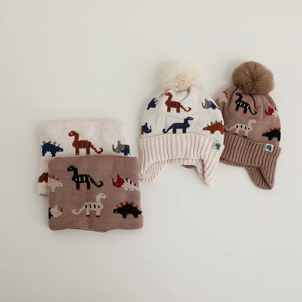 

2pcs 3-12Y Kids Autumn Winter Set Little Dinosaur Knitted Warm Ear Protection Hat Scarf