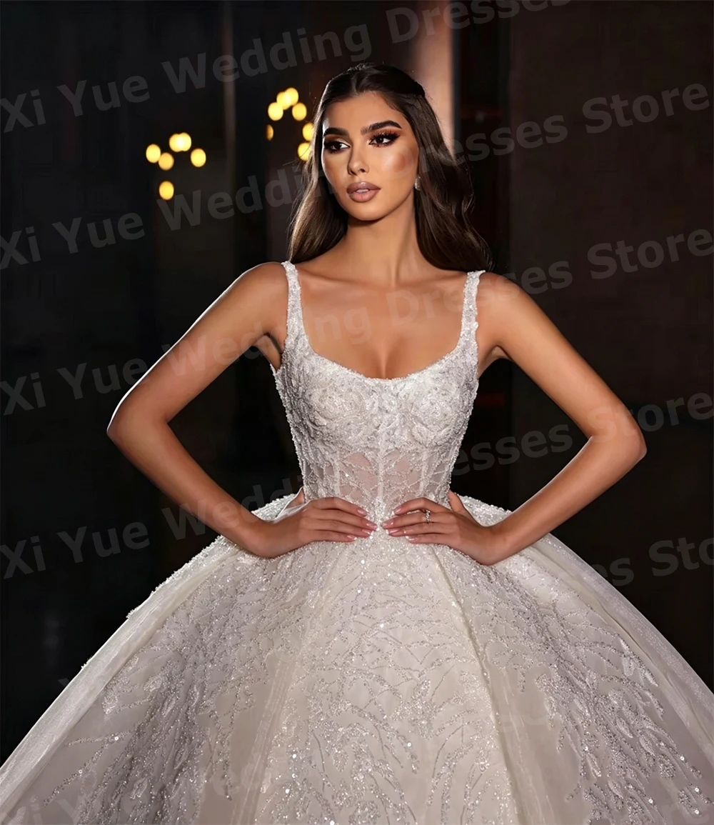Shiny A Line Women's Spaghetti Strap Sleeveless Sequined Wedding Dresses Vestido De Novia Bride Gowns Customized Robe De Mariée