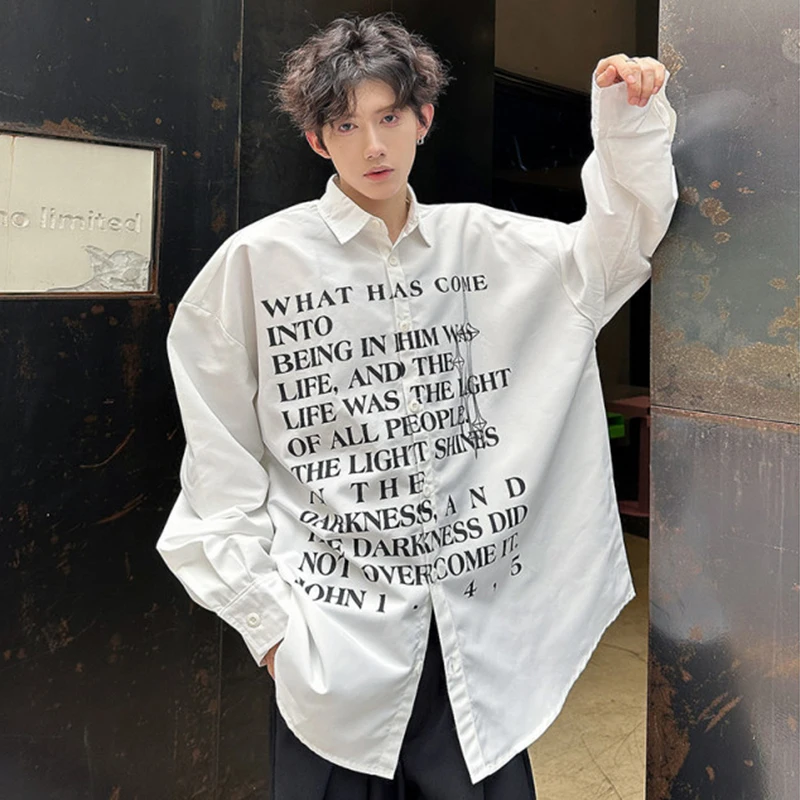 IEFB Loose Fit Casual Men Long Sleeve Shirt Letter Printing 2024 Autumn New Trendy Male Turn-down Collar Men\'s Shirts 9C6962