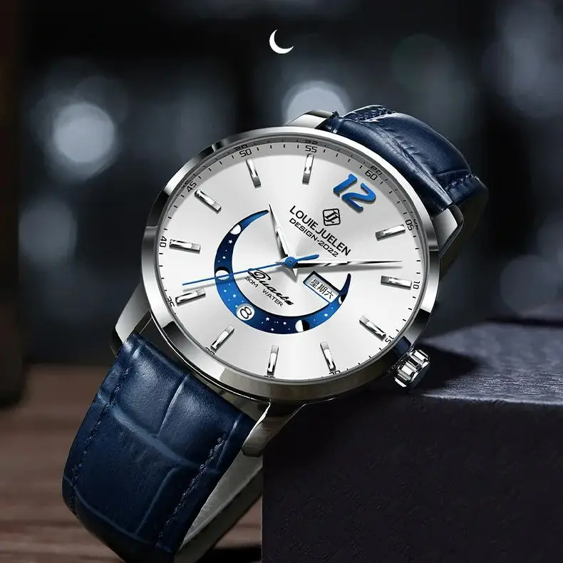 

Fashion Business Luminous Wristwatch for Men Fashion Analog Quartz Clock Moon Phase Leather Strap Simple Reloj