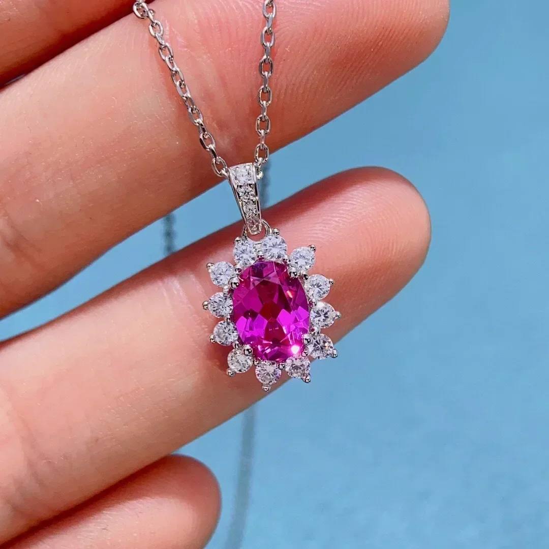 Solid 14K White Gold AU585 Platinum PT950 Pink Sapphire Necklace Women's Sunflower Pendant Collarbone Chain