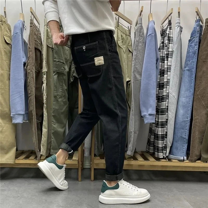 

Men Straight Denim Trousers Casual Loose Cowboy Pants Korean Fashion Mens Jeans Black Blue Ninth Pants Autumn Trend Clothing