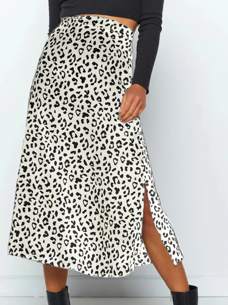 Saia longa de chiffon com estampa leopardo feminina, com zíper, branco, preto, verde, casual, sexy, primavera, moda verão, novo