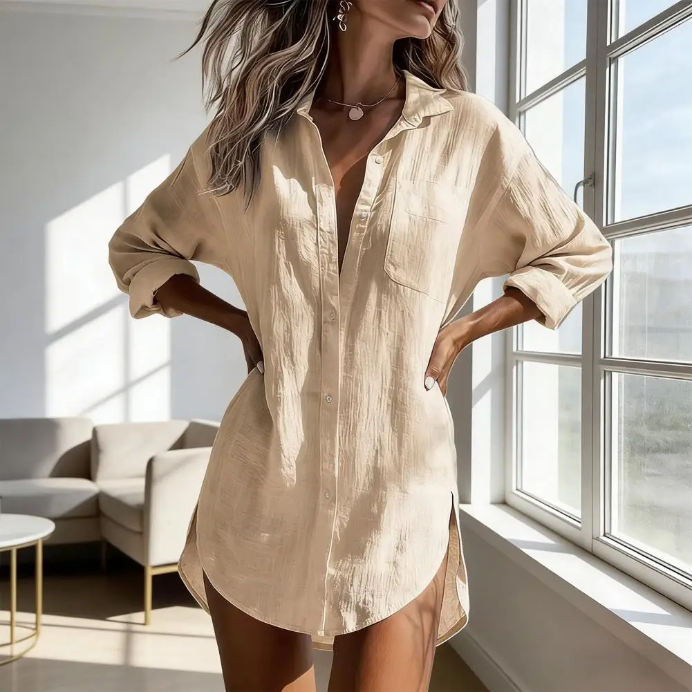 

Women Shirt Lapel Long Sleeve Buttons Placket Casual Shirt with Patch Pocket Pure Color Loose Fit Mid-length Work Shirt