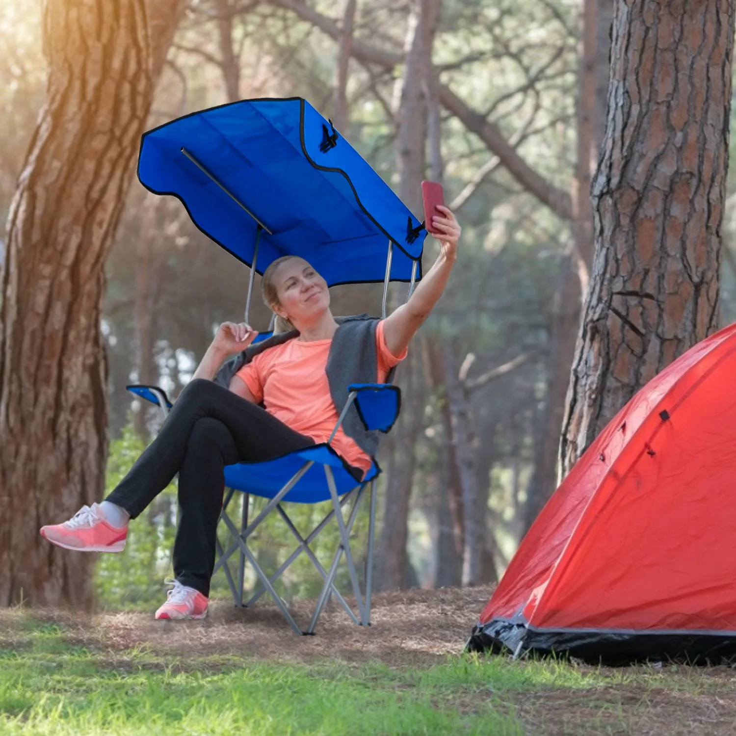 

1pc Outdoor Camping Foldable Chair with Sunshade Top Portable Comfortable Durable Beach Chair with Cup Holder