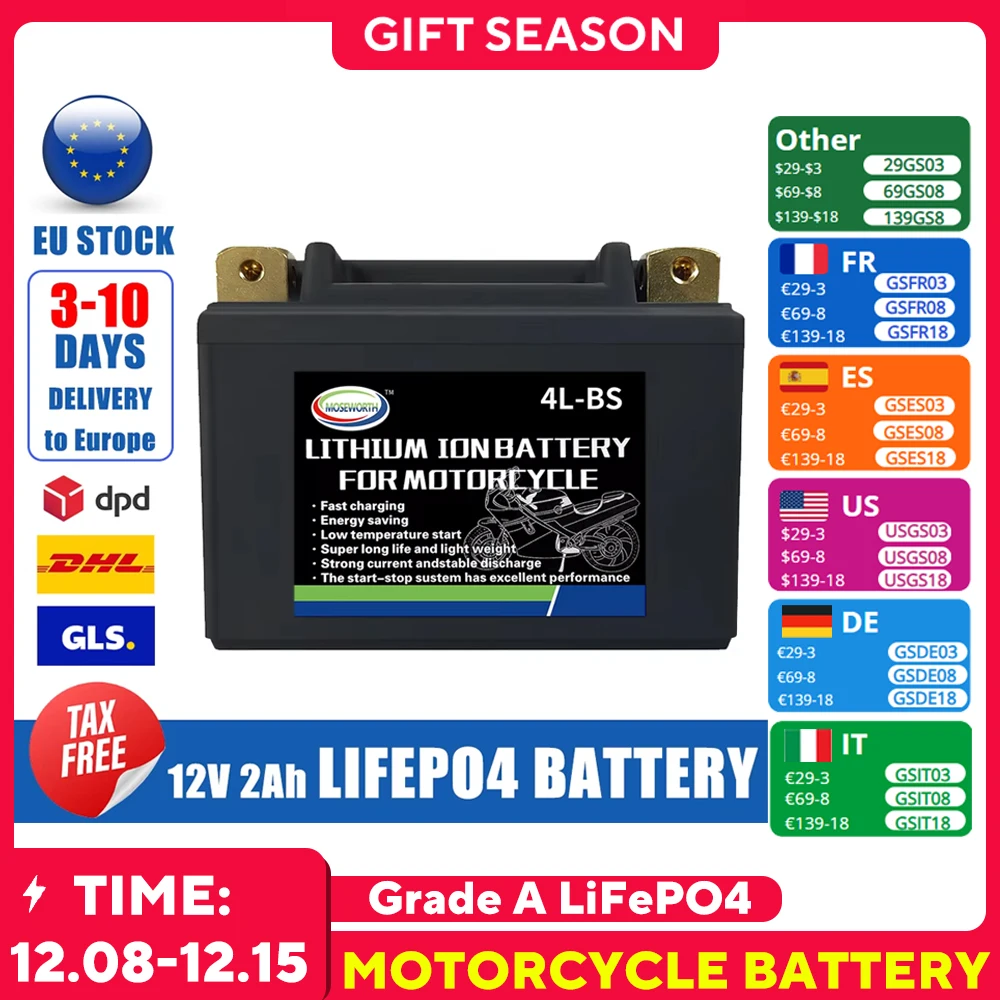 Motorcycle Battery 12V LiFePO4 Lithium Ion 4L-BS 160CCA Size-113x70x89mm Built-in BMS Board Lithium Phosphate Ion Battery