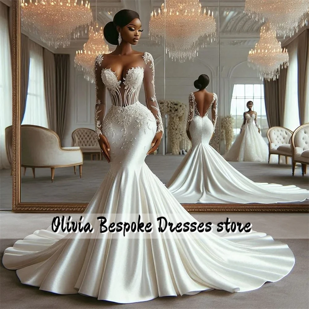 Mysterious Long Sleeves Luxury Wedding Dresses 2025 Aso Ebi Style Beaded Lace Appliques African Mermaid Illusion Customized