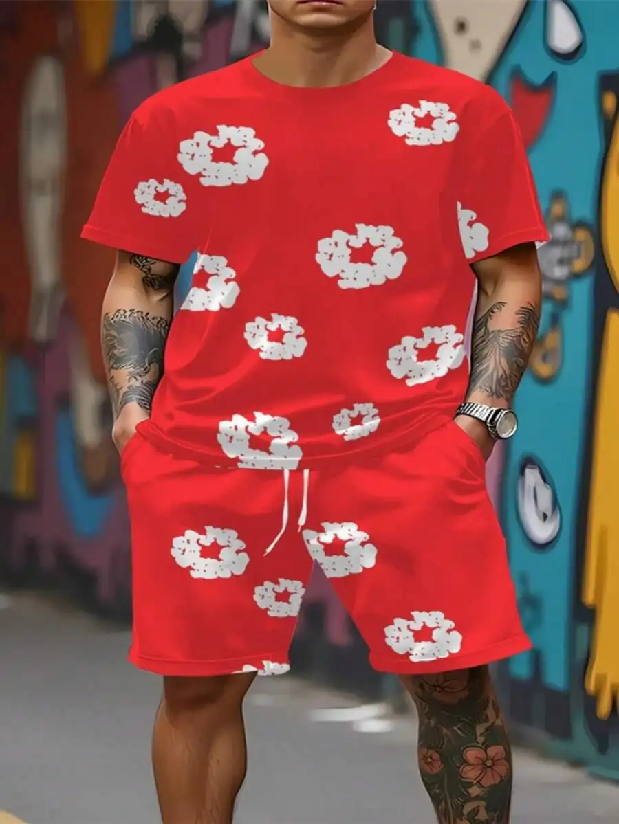 

Red Floral Print Casual Shorts With Drawstring Waist Unisex Streetwear Summer Beach Wear