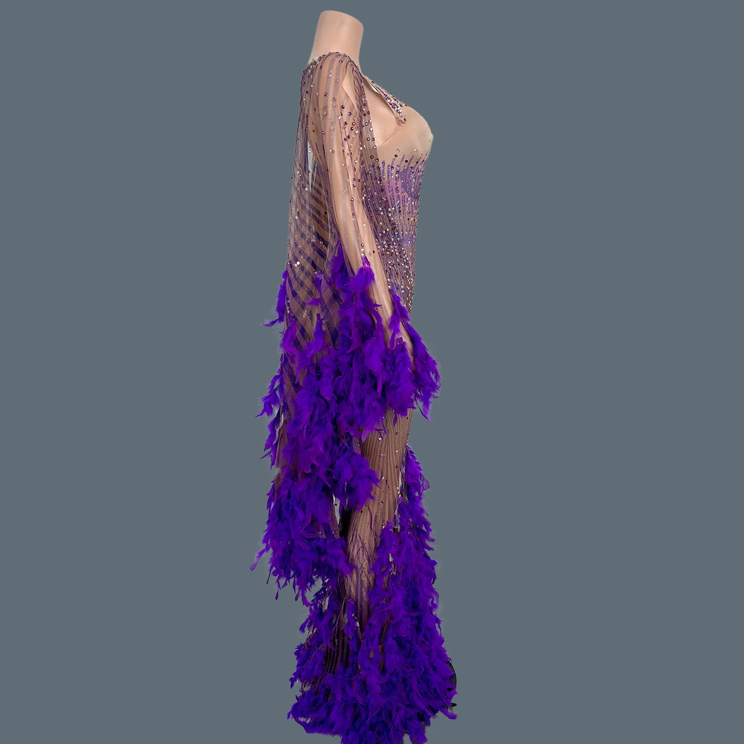 

Purple Feather See Through Mesh Long Dress Sexy Printing Spandex Tight Fitting Jumpsuit 2Pieces Set Showgirl Dance Show Wear