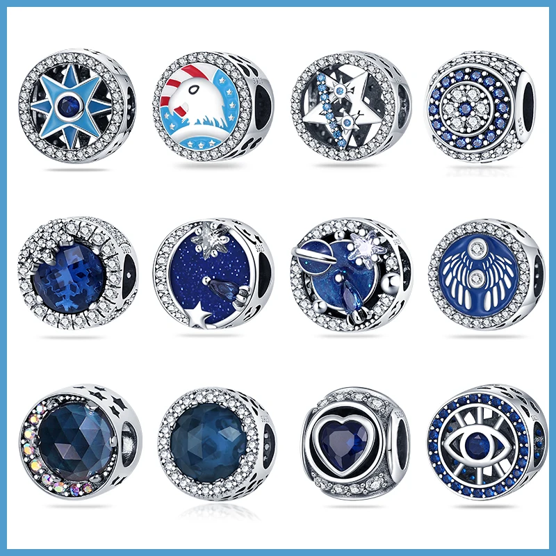 

100% Authentic 925 Sterling Silver Blue Eagle Wings Round Charms Beads Fit Original Pandora Bracelet DIY Jewelry Gifts For Women