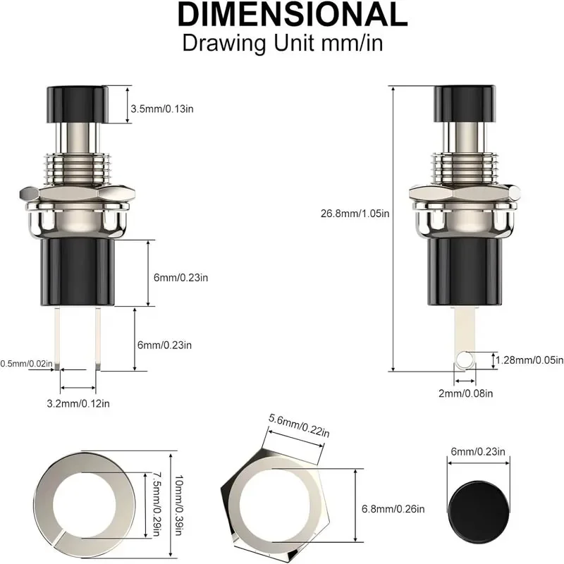 6 قطعة مفتاح ضغط مؤقت ، 1A 250VAC SPST مفاتيح ضغط صغيرة مفتوحة عادة (لا) غطاء أسود وأحمر