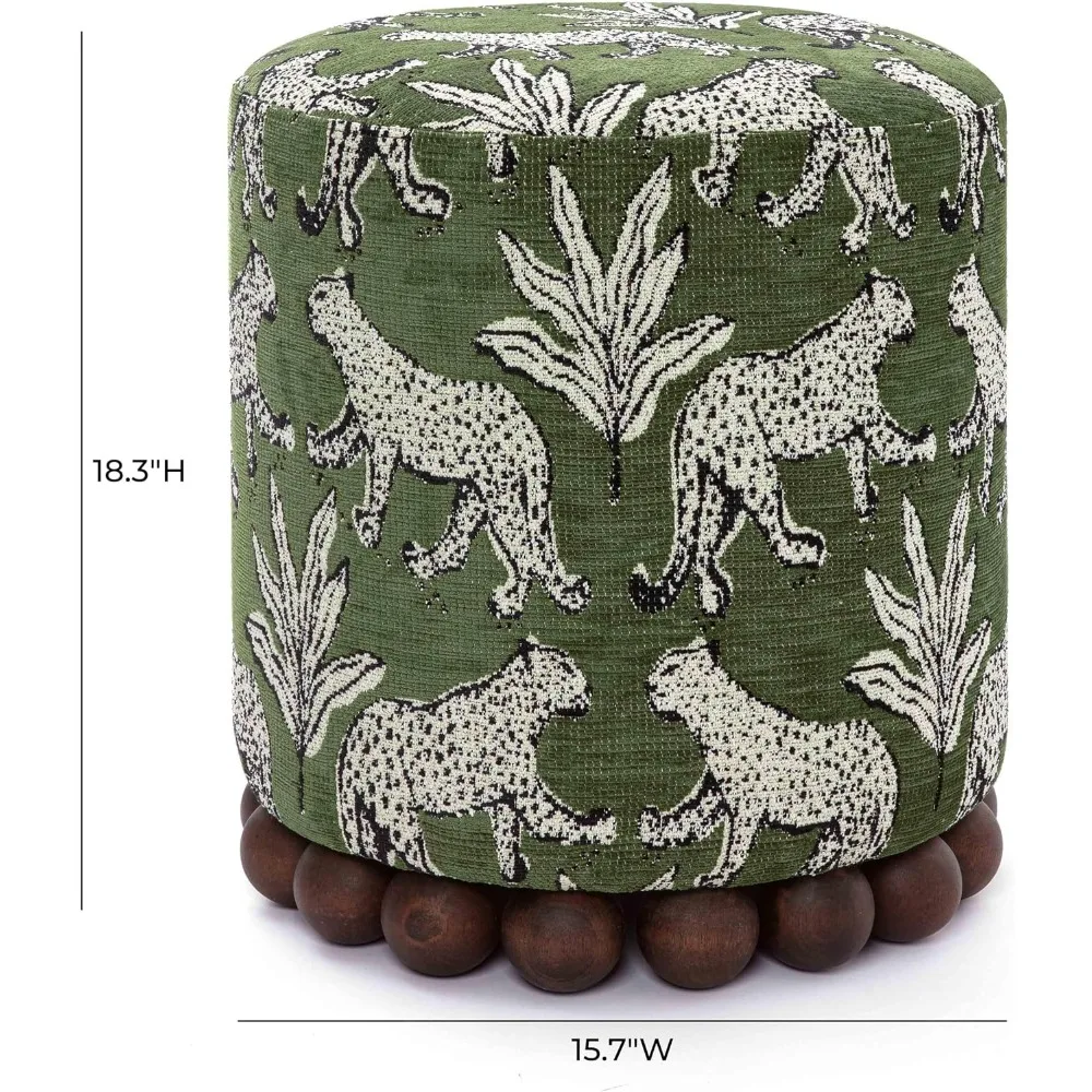 First of a Kind Ottoman Foot Rest - Olive Green Round Ottoman Stool with Solid Wood Spherical Orbs - 15.7
