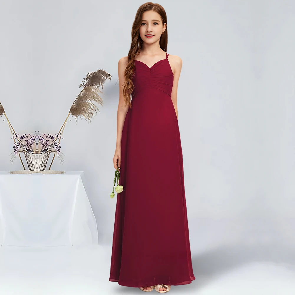 

A-line V-Neck Floor-Length Chiffon Junior Bridesmaid Dress Graceful Burgundy Flower Girl Dress for Wedding Party Communion Dress