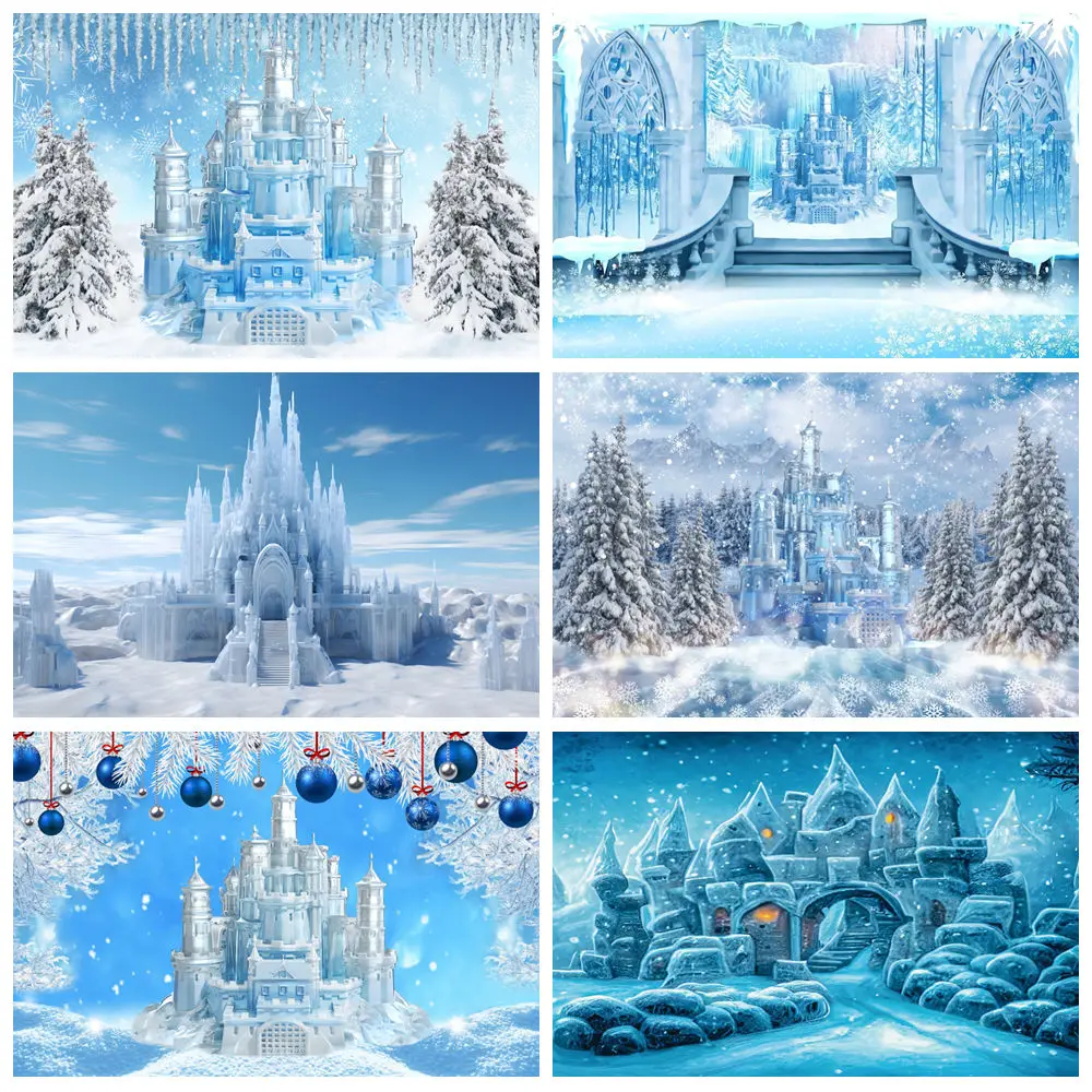 

Winter Castle Photography Backdrops Forest Ice Frozen World Wonderland Happy Birthday Background Decor Photo Studio Props Banner