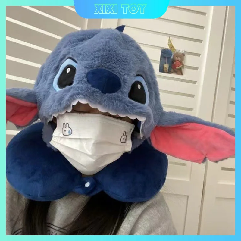 New Cartoon Cute Stitch Hooded U-Shaped Pillow Neck Pillow Hat Toys Office Car Airplane Travel Nap Pillow Toy Birthday Gifts