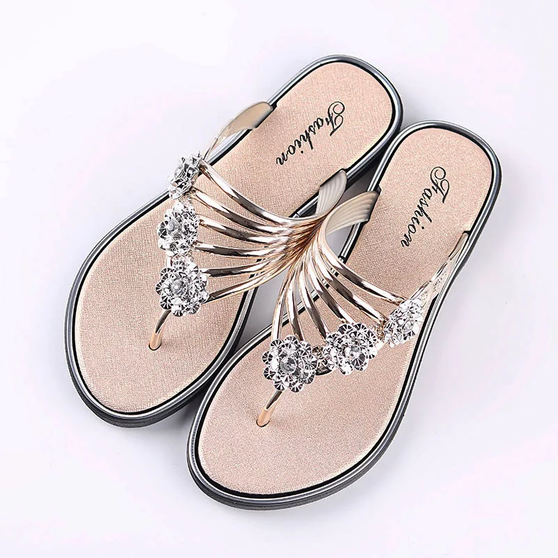 Sandalias de playa antideslizantes para mujer, zapatos informales de cristal dorado, con punta abierta plateada de alta calidad, para el hogar,