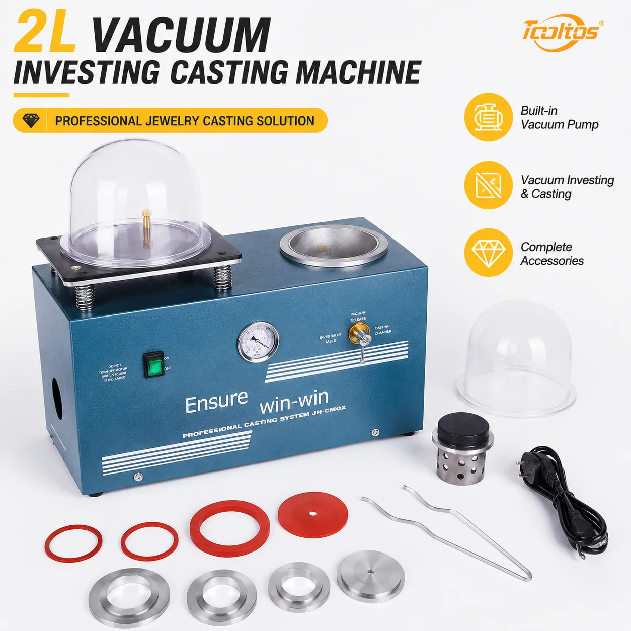 TOOLTOS 2L Jewelry Vacuum Investing Casting Machine 3CFM Built-in Pump 375W for Lost Wax Casting Flask Degassing 110V