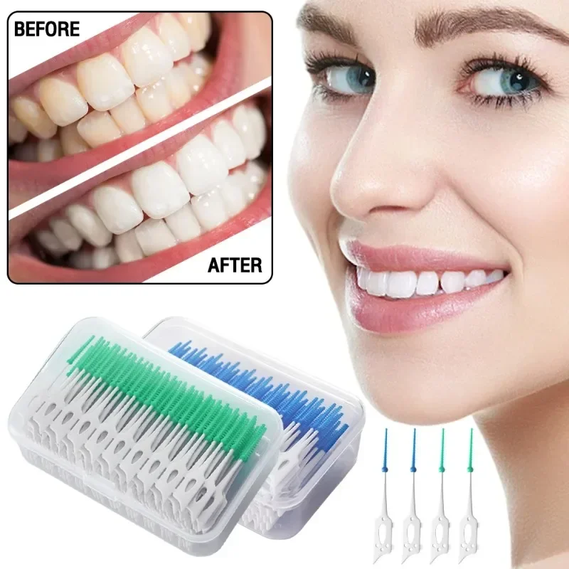 40 pçs escovas interdentais de silicone palitos dentais escova entre os dentes palitos de silicone com linha ferramenta de limpeza oral