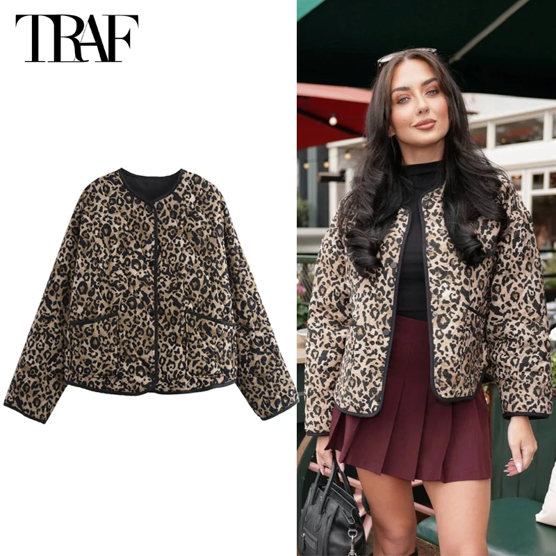 TRAF Leopard Print Quilted Jacket Women Snap Button Casual Jackets for Women Autumn New in Outerwears Long Sleeve Women\'s Jacket