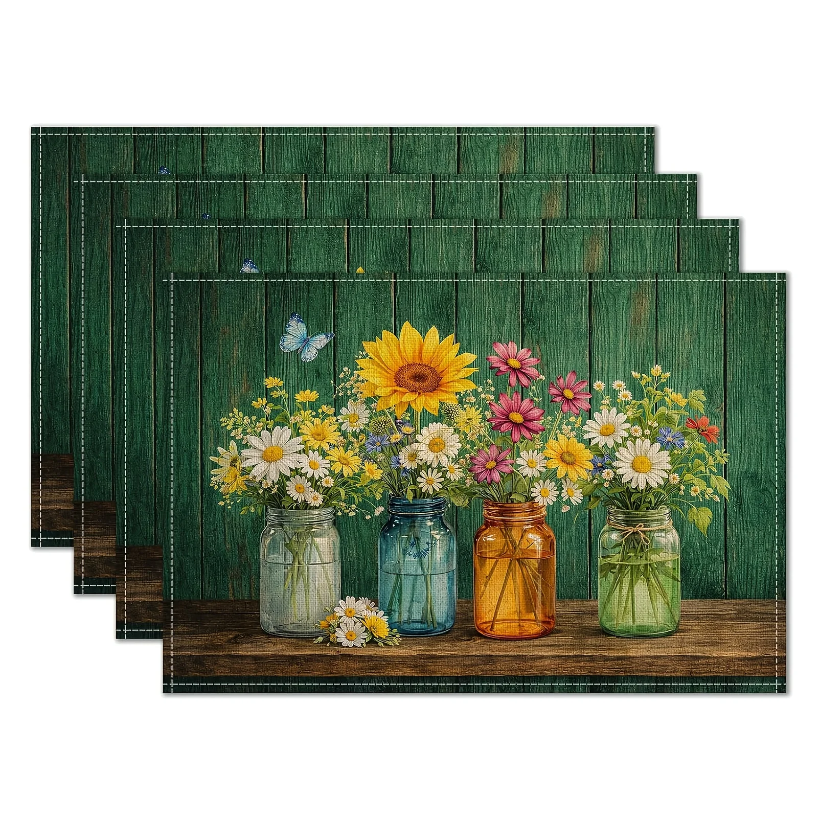 4/6/8pc Blue White Bird Floral Placemats Linen For Oriental Style Table Setting Classic Motif Decor