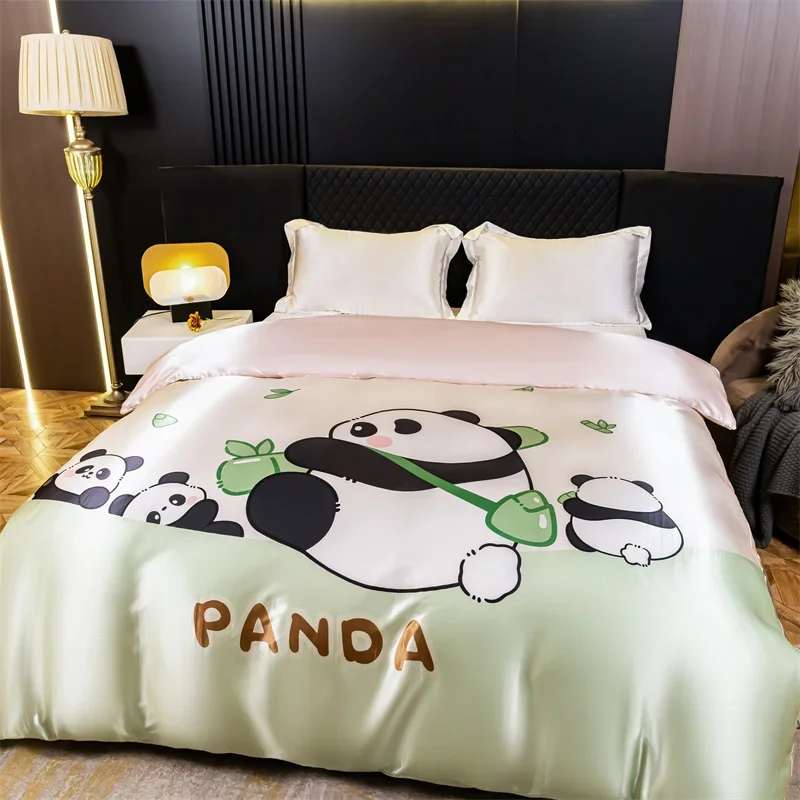 Cute Cartoon Panda Duvet Cover Ultra Soft Lightweight Ice Silk Like Cooling Comforter Cover Modern Luxury 1 Piece Quilt Cover