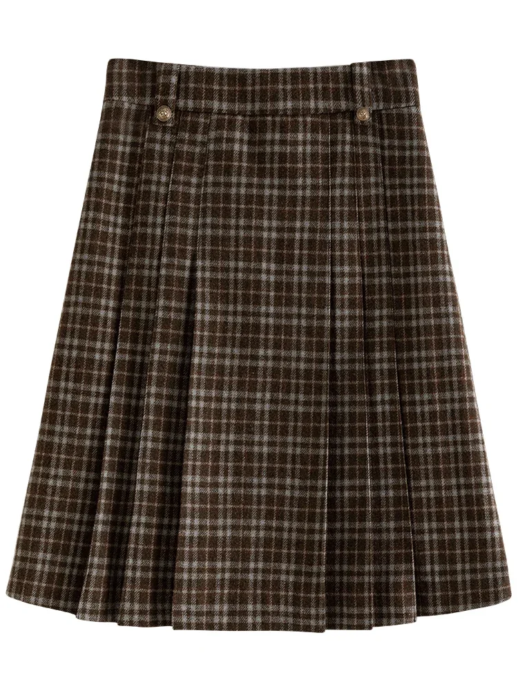 FSLE Vintage Style 49.5% Wool Brown Plaid Skirt for Women Autumn and Winter 2023 New Retro High Waist Pleated Skirt Female