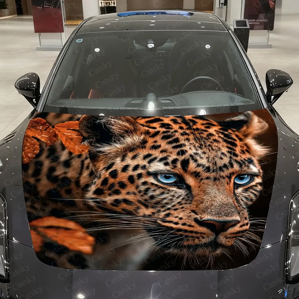 Blue Eyes Golden Spotted Cheetah Car Hood Sticker-Durable Vinyl Film, Splash Proof And Easy To Remove, Suitable For All Car Mode