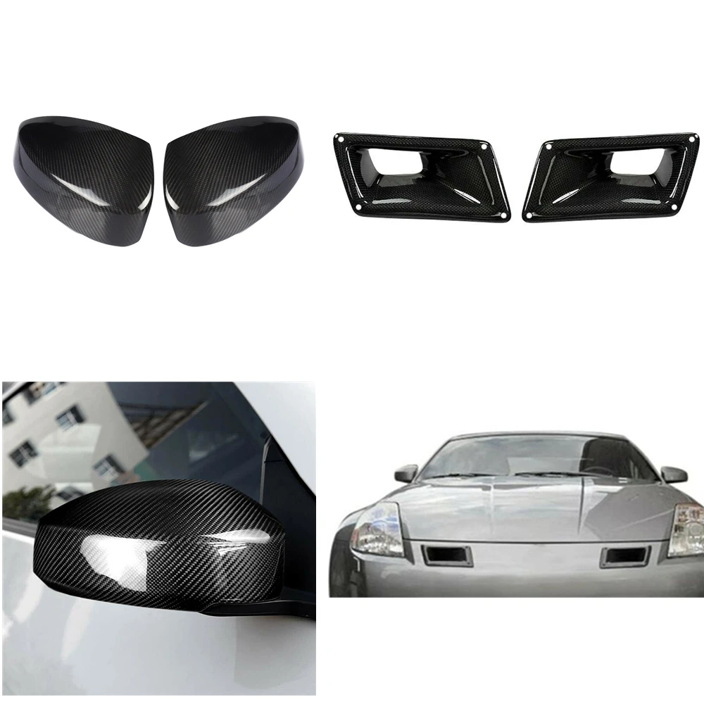 

For Nissan 350Z Z33 2003-2009 Carbon Fiber Rear View Mirror Cover+Air Outlet Vent Front Bumper Bonnet Engine Hood Scoop Bezel