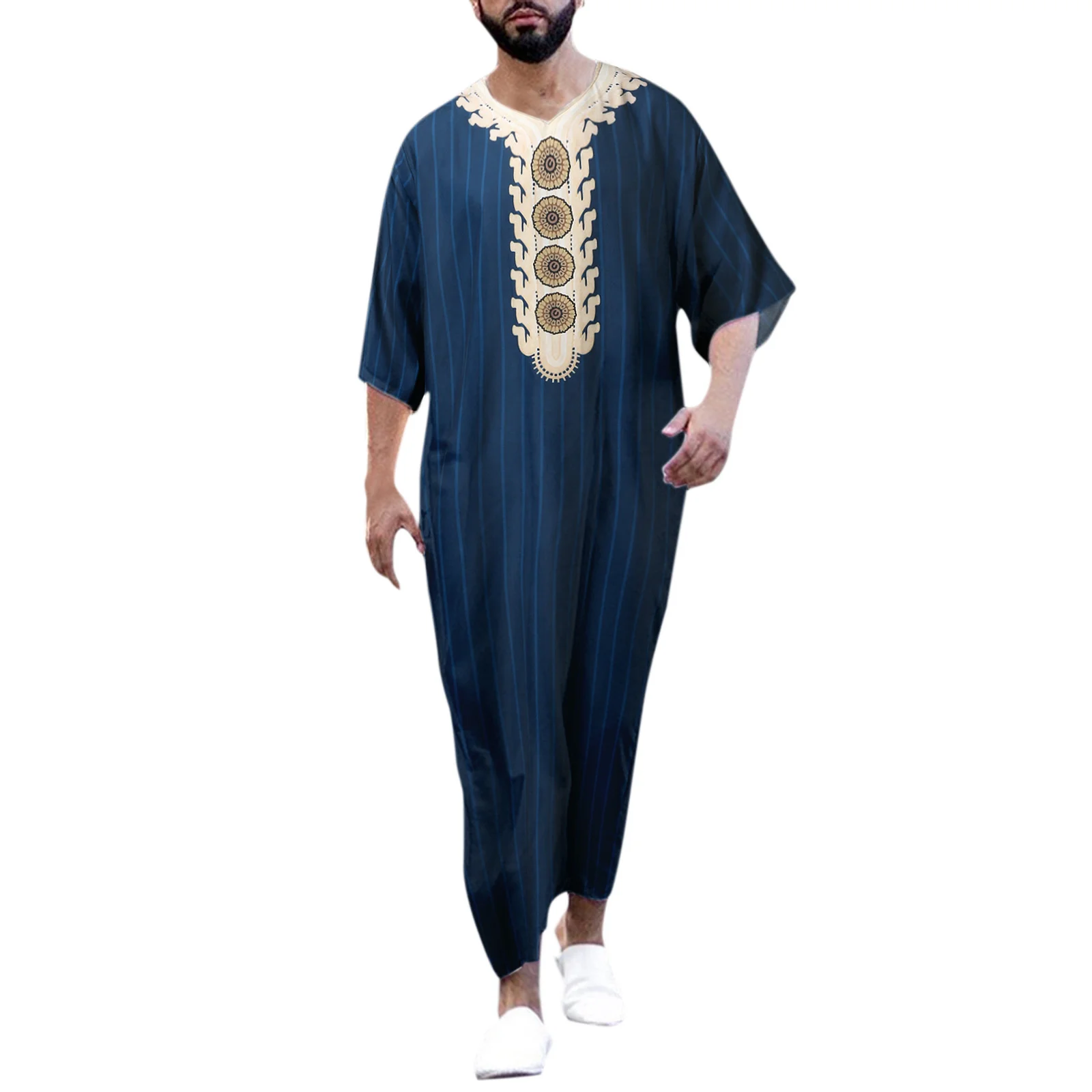 Fashion Jubba Thobe Men\'s Robe Middle East Ethnic Striped Print Loose Casual V Neck Short Sleeve Retro Men Muslim Clothing