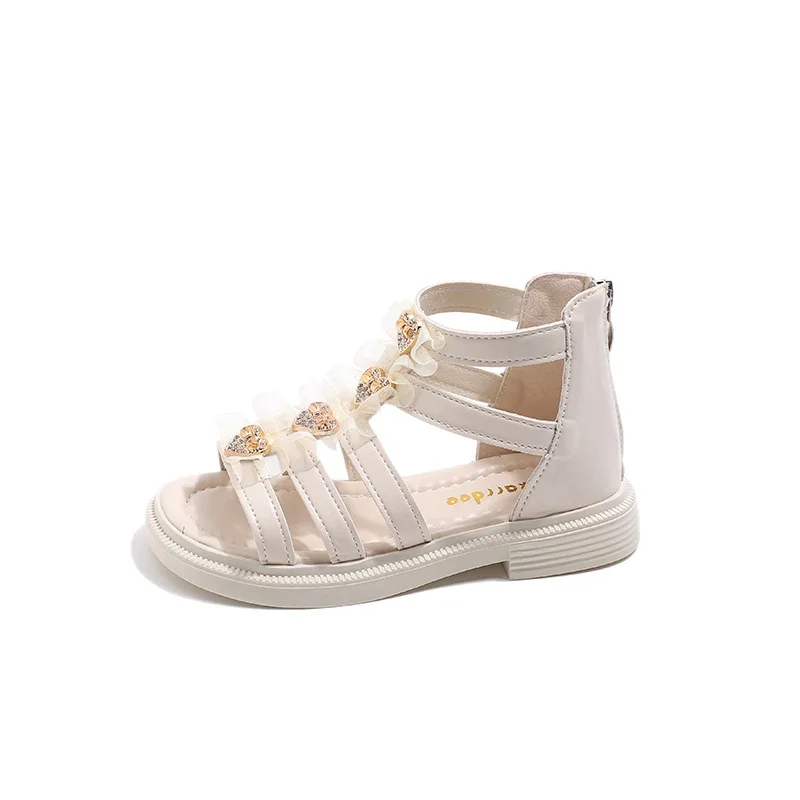 Gladiador de fivela de coração feminino com renda, Sapatos doces de princesa, crianças médias e grandes, moda, verão, novo, doce